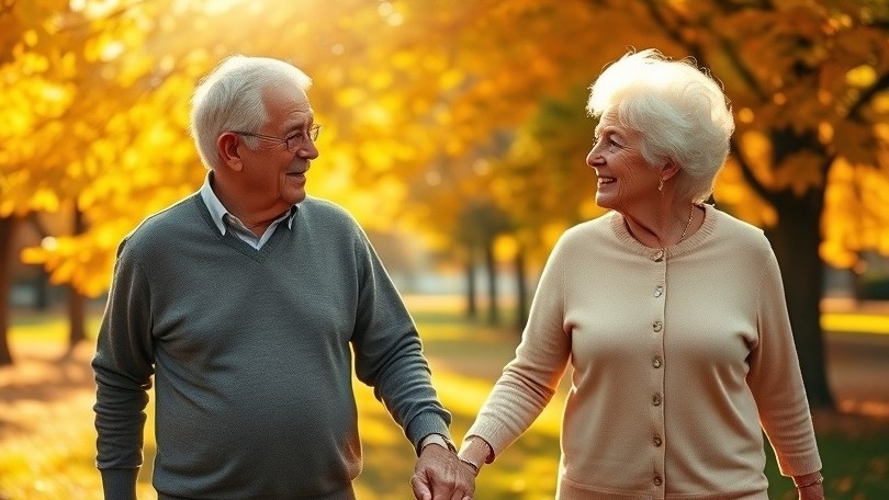 Elderly couple enjoying heart health in a sunlit park, emphasizing aging heart health.
