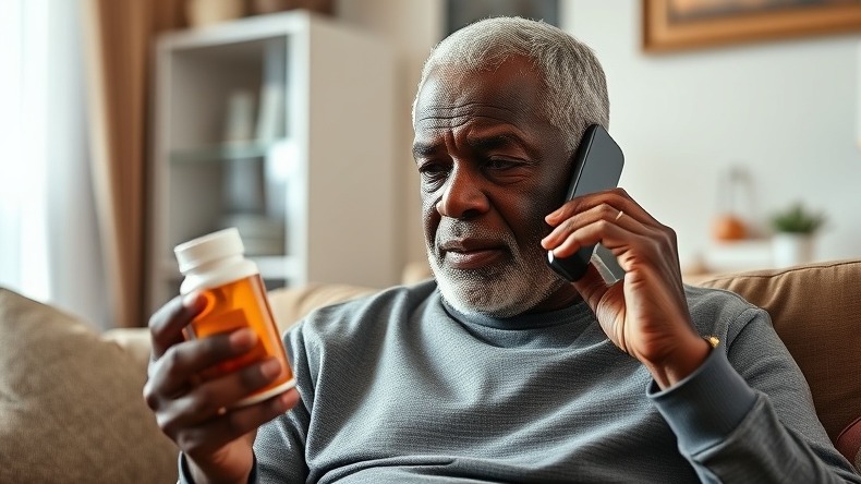 Elderly black man explores telehealth preferences while examining medicine, in a cozy living room.