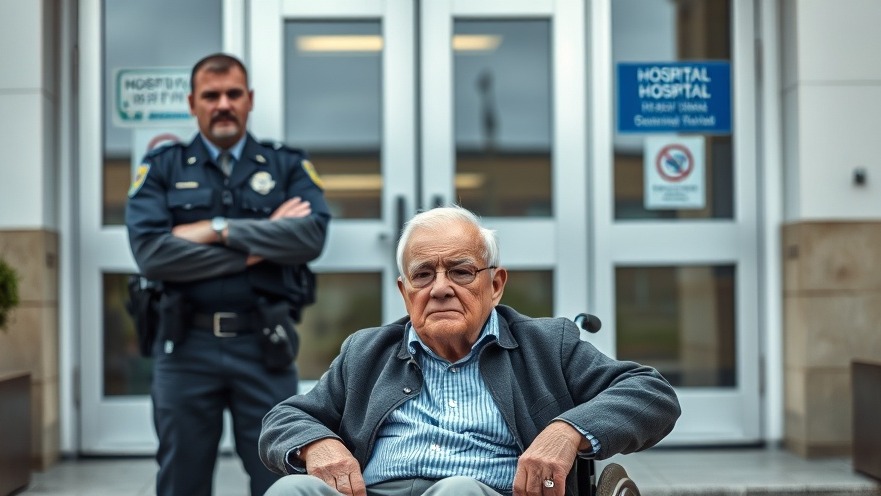 Elderly man in a wheelchair outside closed hospital doors, highlighting Medicaid data privacy concerns.