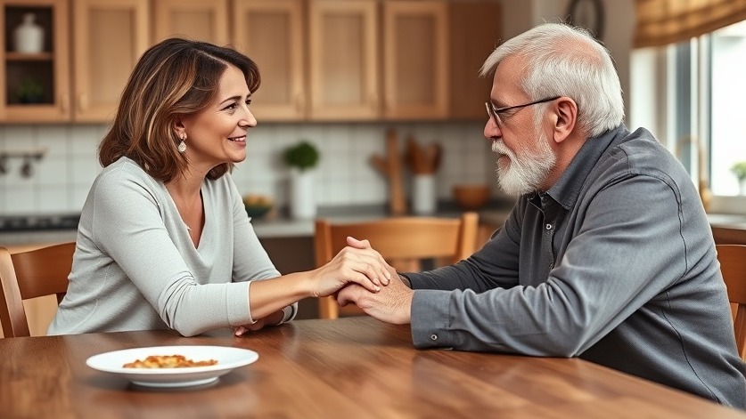 Open dialogue on aging: a middle-aged woman and elderly man in serious discussion.