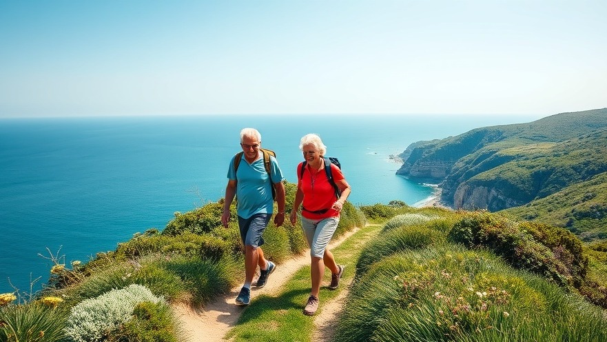 Elderly couple enjoying vibrant coastal hike, embracing retirement strategies and personal growth.