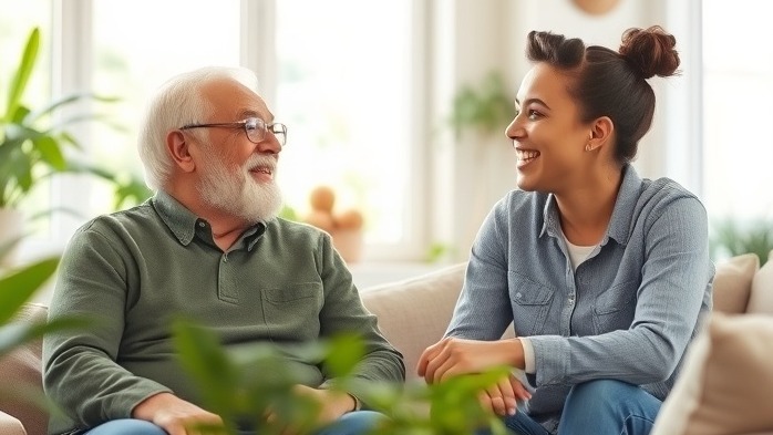Older adults living arrangements, a warm scene of seniors engaged in friendly conversation.
