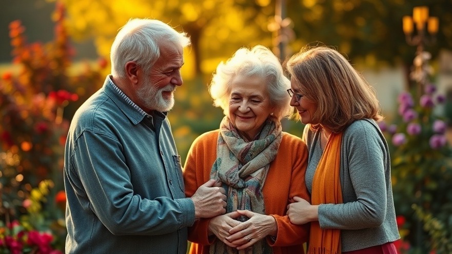 Elderly couple with adult children in a serene garden, highlighting senior living industry changes.