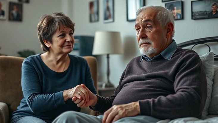 Middle-aged woman offering caregiver support to elderly man with cognitive impairment in cozy room.