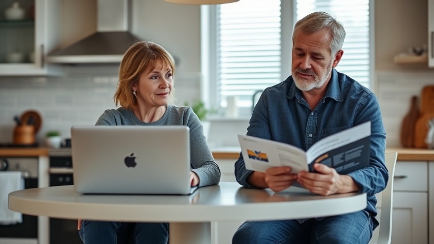 Couple discussing retirement planning at kitchen table for financial security.