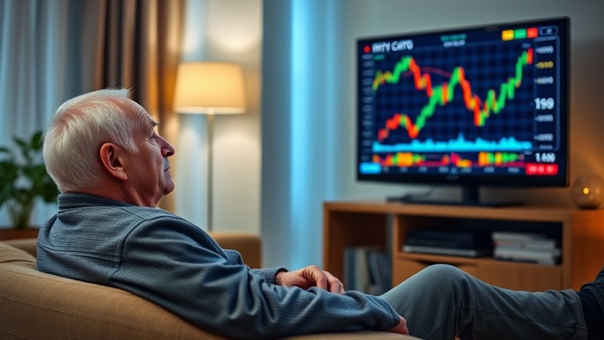 Elderly man concerned about cryptocurrency retirement savings while watching crypto charts.