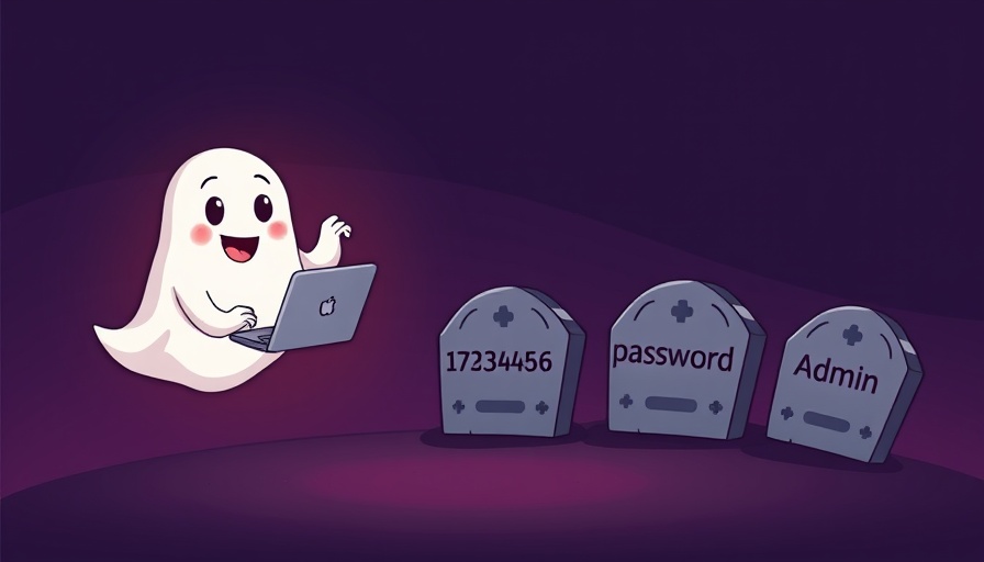 Cartoon ghost with laptop over password tombstones in cyber security theme.