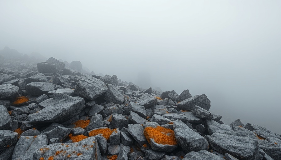 Misty landscape with rocky terrain enveloped in fog.