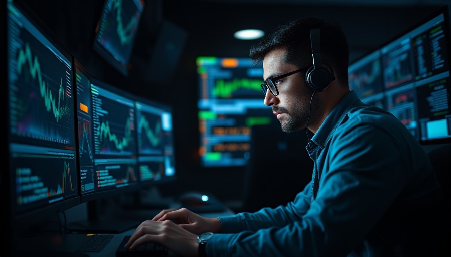 Cybersecurity analyst focused on computer with graphs and codes on screen.