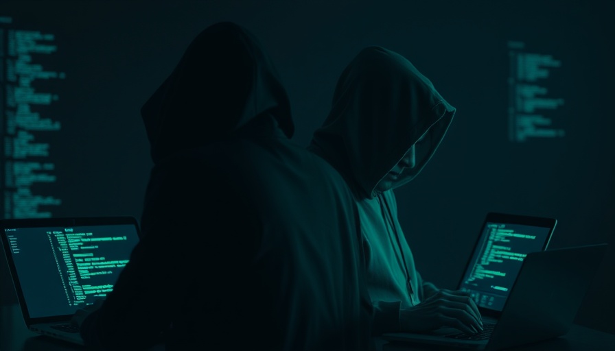 Hooded figures typing in a dark room, ToyMaker LAGTOY Cybersecurity setting.