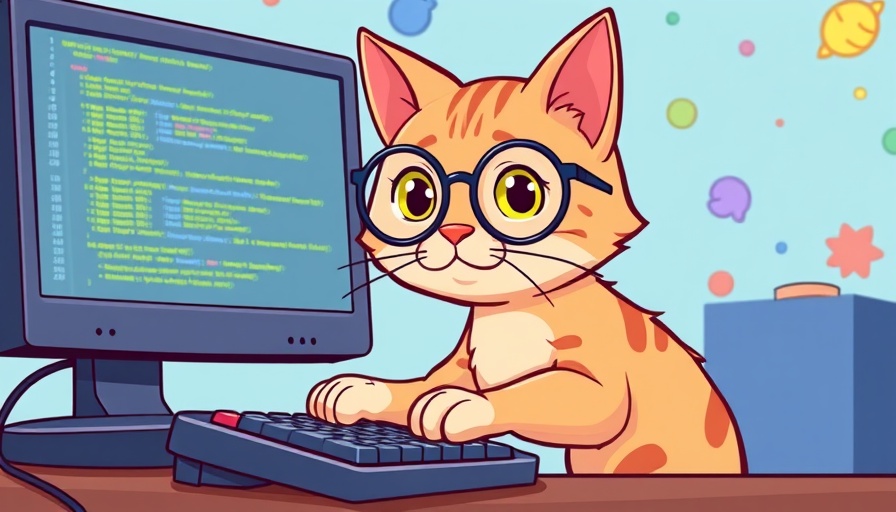 Cartoon cat in glasses at computer with code, AI-Powered Cyber Threats.
