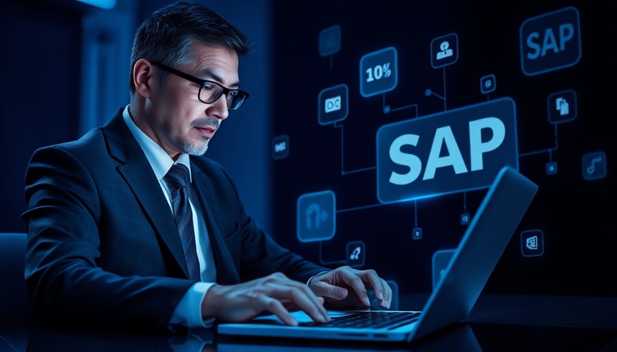 Professional working on laptop with SAP virtual icons, highlighting SAP NetWeaver vulnerability.