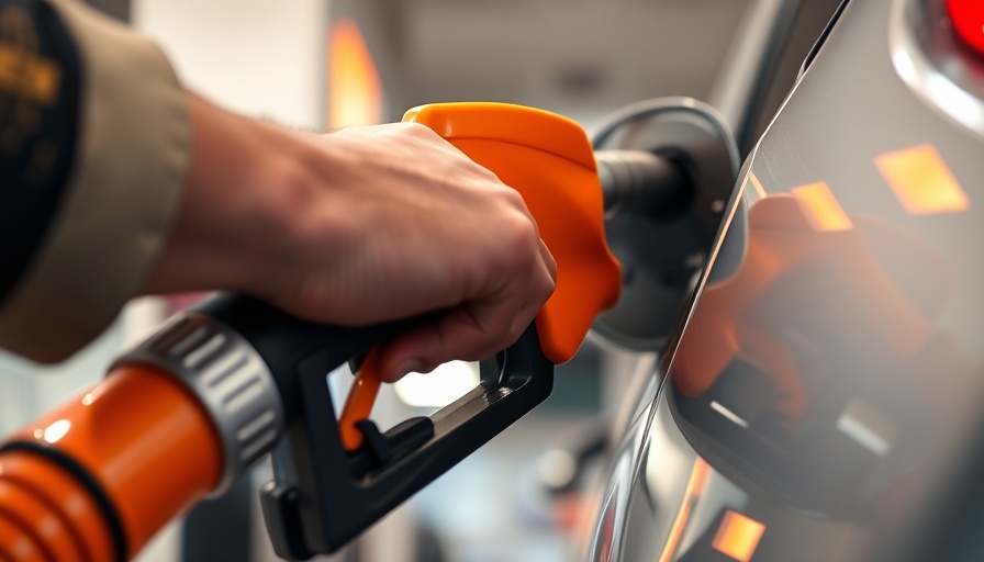 Close-up of refueling car with orange nozzle at gas station.