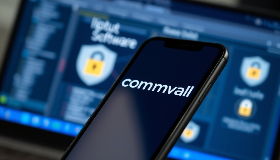 Commvault logo displayed on a smartphone against a blurred computer screen, Commvault Bug CVE-2025-34028.