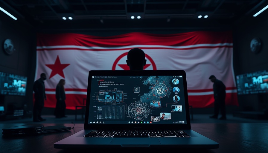 Dramatic cyber warfare scene near North Korean flag backdrop.