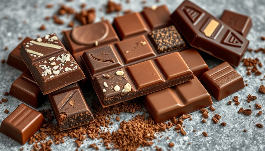 Assorted chocolate bars with cocoa sprinkles on gray surface
