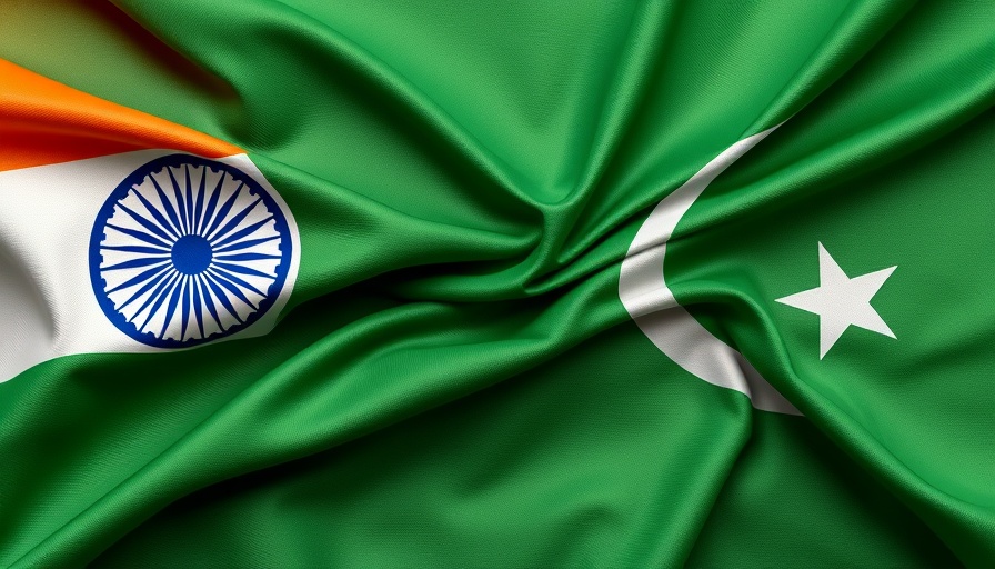 India-Pakistan flags seamless blend symbolizing conflict and alliance.