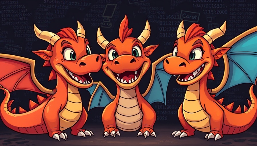 Cartoon dragons with humorously expressive hacker roles against a dark backdrop.