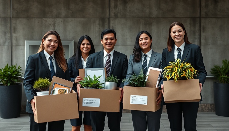 Business professionals with boxes, illustrating cybersecurity layoffs risks.