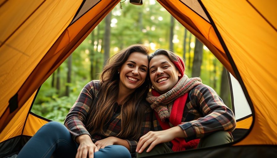 Couple enjoying camping experience in a forest tent.