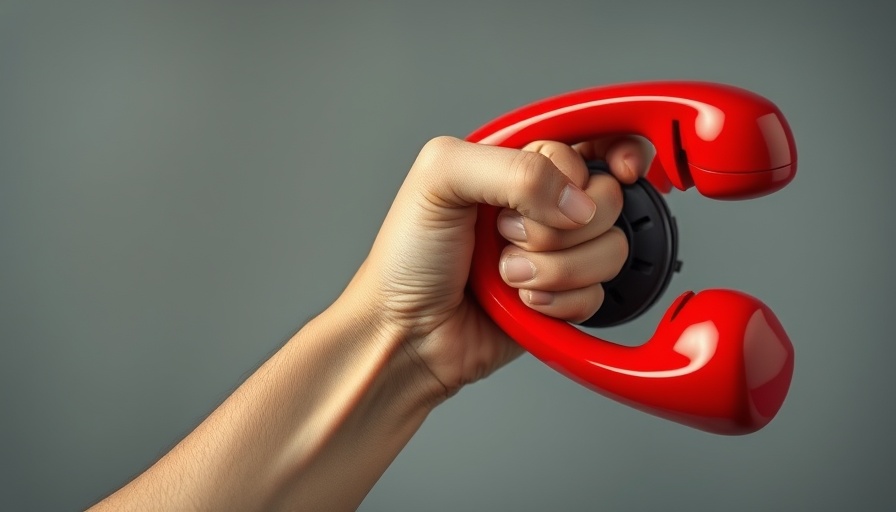 Close-up of a hand holding a red telephone receiver.
