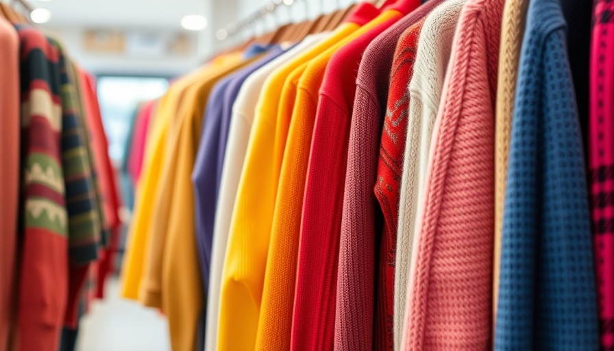Close-up of colorful sweaters showcasing sustainable shopping options in a second-hand shop.