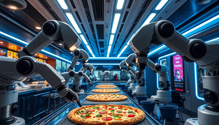 Futuristic autonomous pizza restaurant with robotic arms and sleek design.
