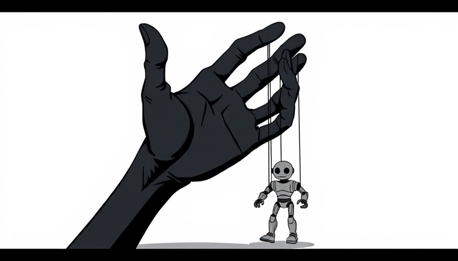 Conceptual image of AI malware threats with hand controlling robotic puppet.