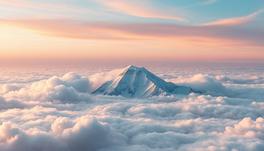 Mount Everest peak above clouds at sunrise, serene and majestic.