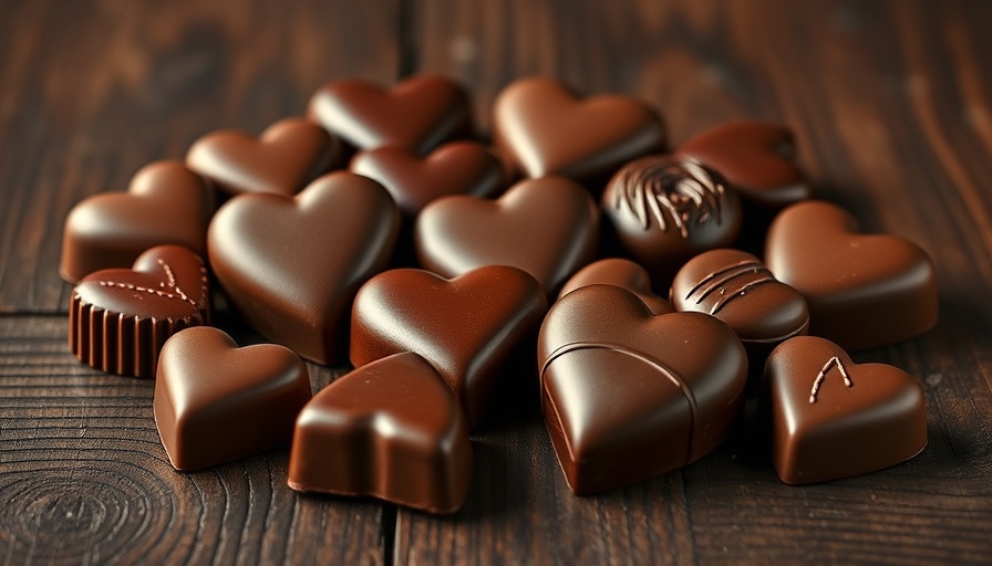 Heart-shaped chocolate assortment on wooden surface, AI marketing concept.