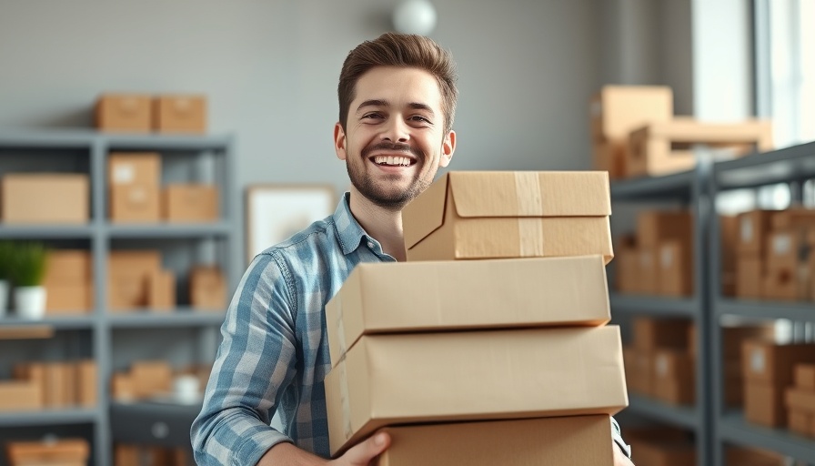 Young man with boxes in office to increase website revenue.