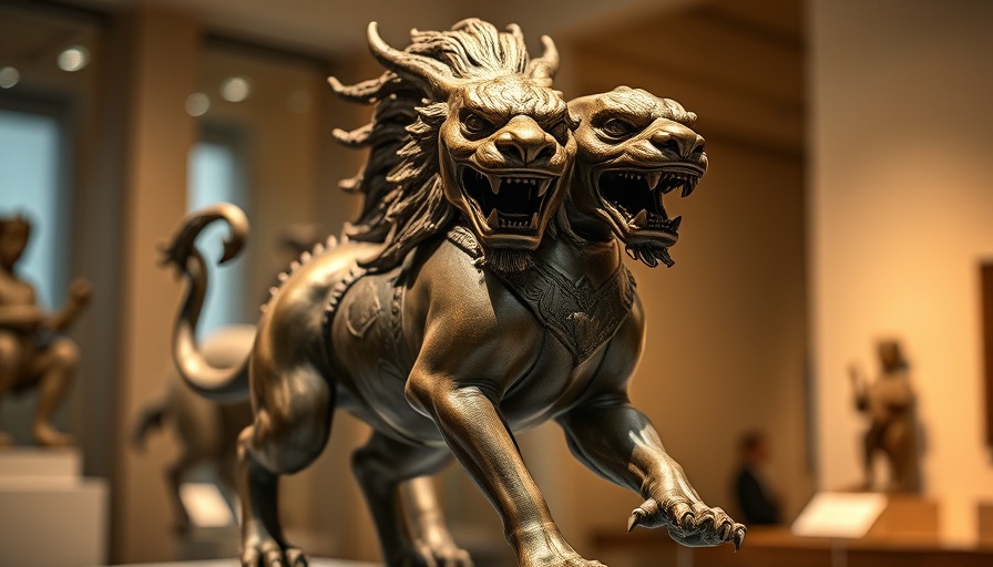 Ancient bronze chimera statue in a museum setting, fierce expression.