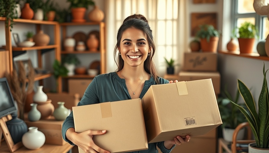 Rural entrepreneur in home office holding packages, surrounded by pottery.