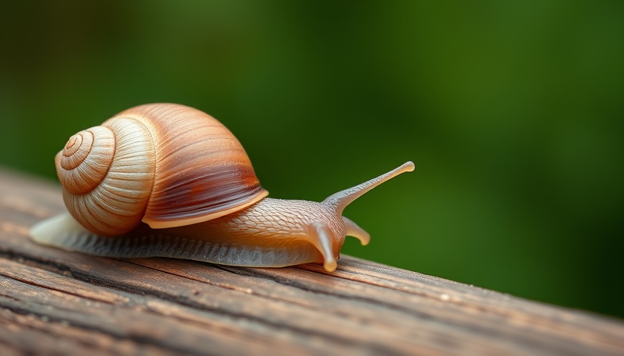 Snail gliding slowly on wood, symbolizing slow selling products.
