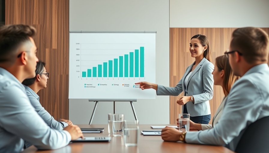 Businesswoman presenting sales graph in modern meeting.
