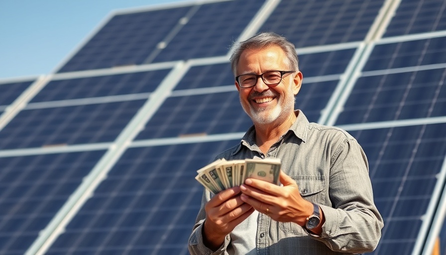 Middle-aged man counting money by solar panels, alternative lending solutions.