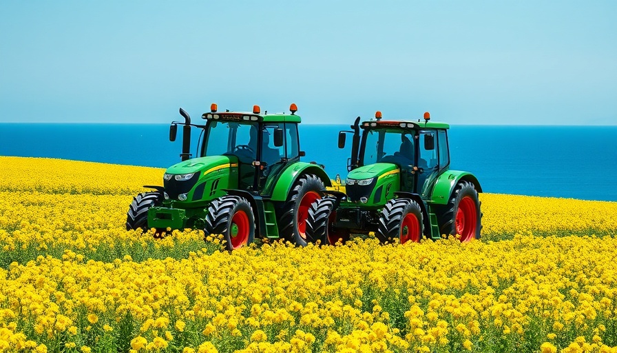 Smart tractors in a field, highlighting vulnerabilities and technology.