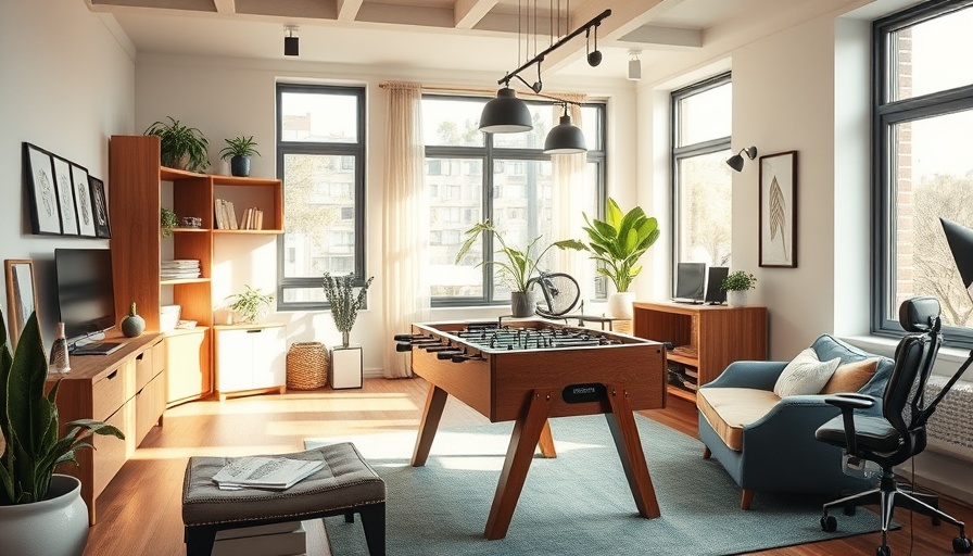 Contemporary man cave office with foosball table and stylish decor.