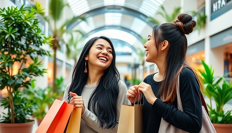 Two millennial women shopping at an outdoor mall, laughing and enjoying.