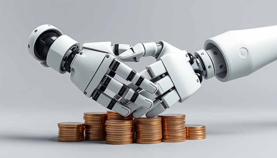 Robot and human handshake over coins, Cyber AI blueprint guide concept.