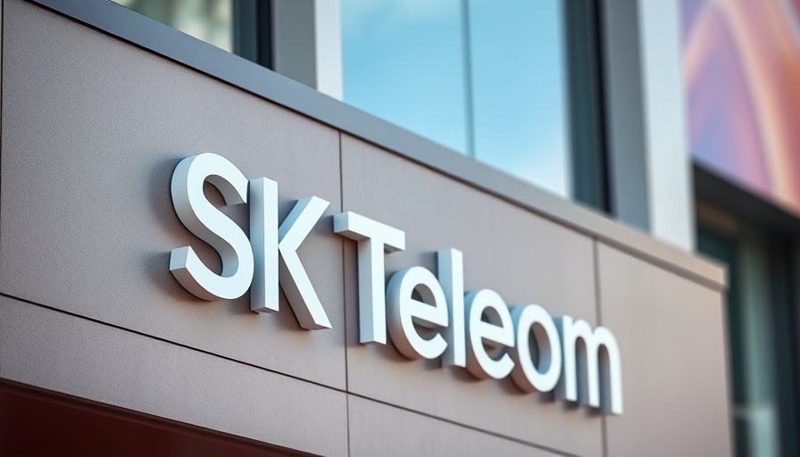 SK Telecom logo on building facade reflecting blue sky.