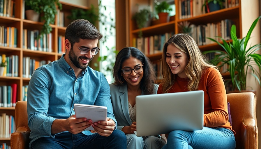 Professionals collaborating on a laptop in a cozy library setting for small business regulatory relief.
