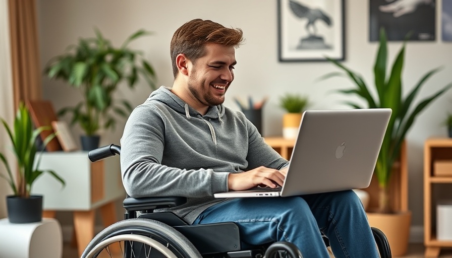 Young man in wheelchair engaged in video call, showcasing virtual assistant benefits.