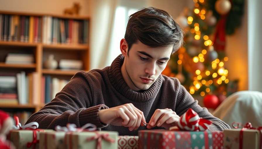 Thoughtful man wrapping gifts, ideal for AI marketing for Facebook events.