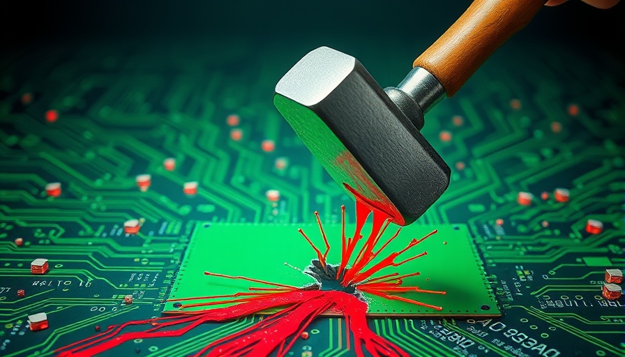 Illustration of GPUHammer attack on AI models with hammer on circuit board.