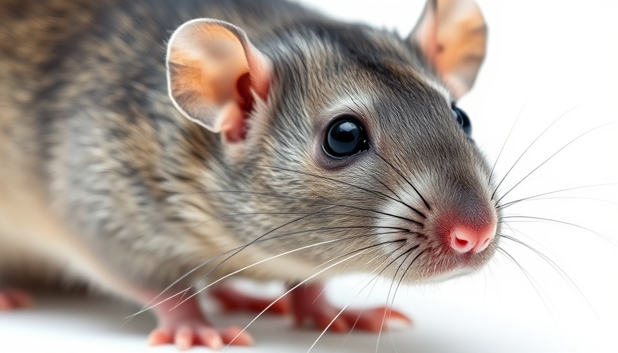 Close-up of gray rat's face with detailed whiskers.