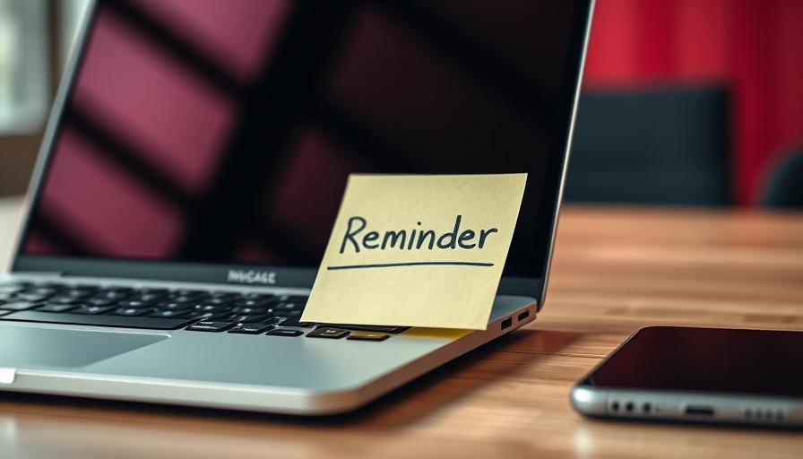 Reminder note on laptop for security nudges, smartphone nearby.