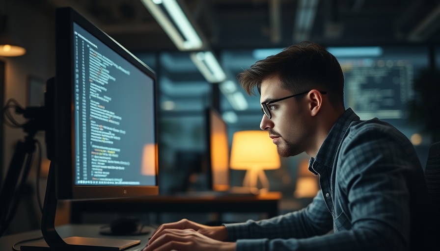 Young man coding in dimly lit office, related to North Korean IT worker scheme.