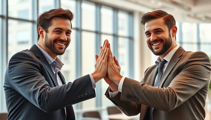 Businessmen high-fiving after a successful sales pitch in an office environment.