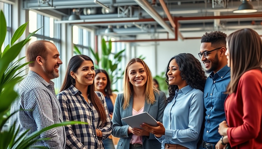 Young professionals in a modern office discussing AI marketing strategies.